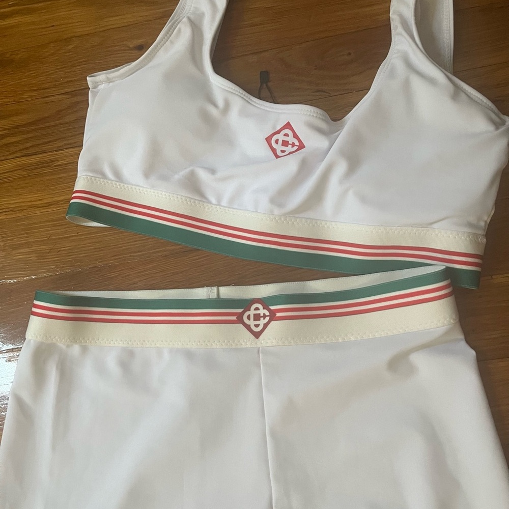 Stylish White and Green Sports Bra Set